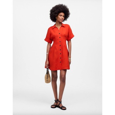 NEW Madewell The Perry Mini Shirtdress 100% Linen Bright Flame Red Minimalist XS