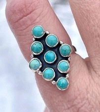 NATIVE Style Turquoise Cluster Ring Sterling Silver Southwest Statement Size 8
