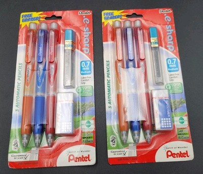 Pentel e-sharp 0.7 mm 3 Automatic Pencils, HB Lead, Eraser Set Lot of 2