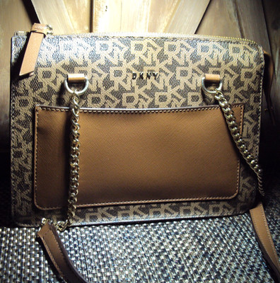 DKNY Brown Signature Logo Print Chain Strap Shoulder Handbag Purse Bag