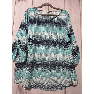 Croft & Barrow Womens 2X Teal Navy Blue Geometric Dot Roll Tab Chiffon Blouse