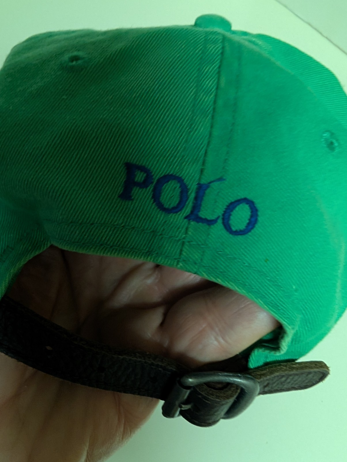 Polo Ralph Lauren Cappellino Regolabile PELLE Cinturino Posteriore Verde Mela con Logo Blu Pony