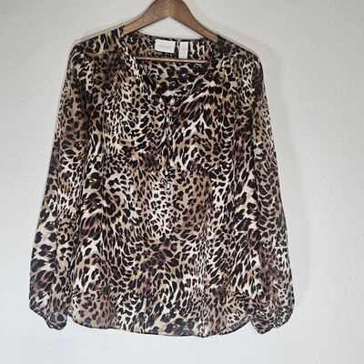 Chicos Blouse Womens Size Medium Black Gold Leopard Print Made In The USA
