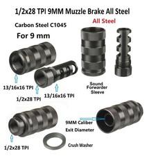Steel 1/2x28 TPI Muzzle Brake Wnd 13/16x16 TPI Sound Forwarder F 9mm .350 Legend