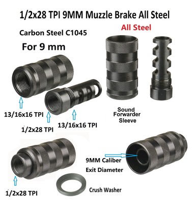 Steel 1/2x28 TPI Muzzle Brake Wnd 13/16x16 TPI Sound Forwarder F 9mm .350 Legend