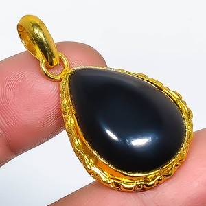 Authentic Natural Black Onyx Gemstone 925 Silver Gold Plated Pendant 1.56" P7622-620
