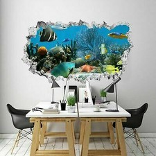 ADESIVO MURALE WALL STICKERS SQUARCIO MURO ARREDO EFFETTO 3D ACQUARIO PESCIOLINI