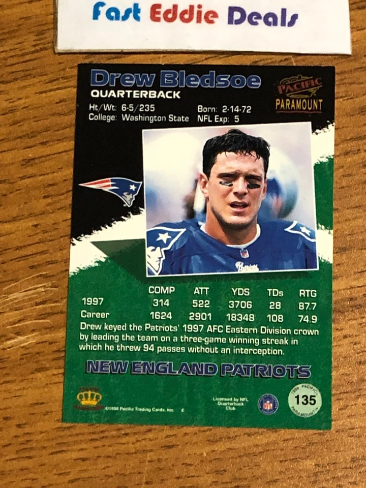 NFL FOOTBALL 1998 DREW BLEDSOE PACIFIC PARAMOUNT CARD 135 NEW ENGLAND PATRIOTS - Image 2 of 2