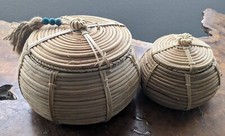Boho Woven Natural Materials Round Baskets With Lids Set Of 2