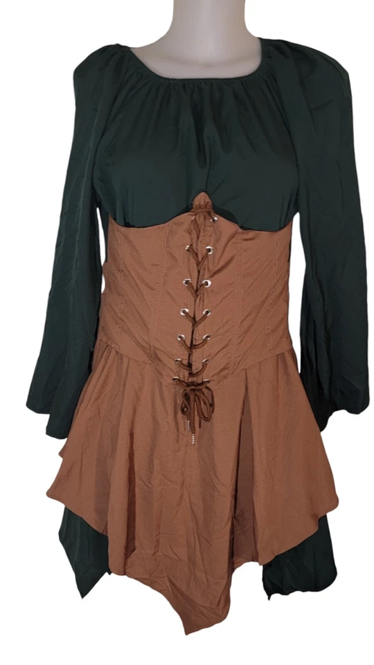 Womens Renaissance Medieval Green Brown Short Corset Boho Grunge Gothic Dress S - Image 2 of 4