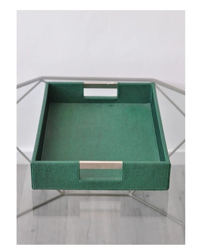 Extra Large Serving Tray metal Handles Elegant Green Faux Leather Shagreen new - Picture 2 of 9