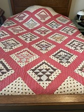 Antique Early 1900  s Pink/Red and Brown Basket Quilt  Nice Condition  94 x 74"