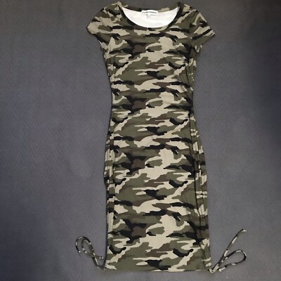 Almost Famous Camo Camouflage Midi Dress Ruched Sides Short Sleeve Soft  Small | eBay