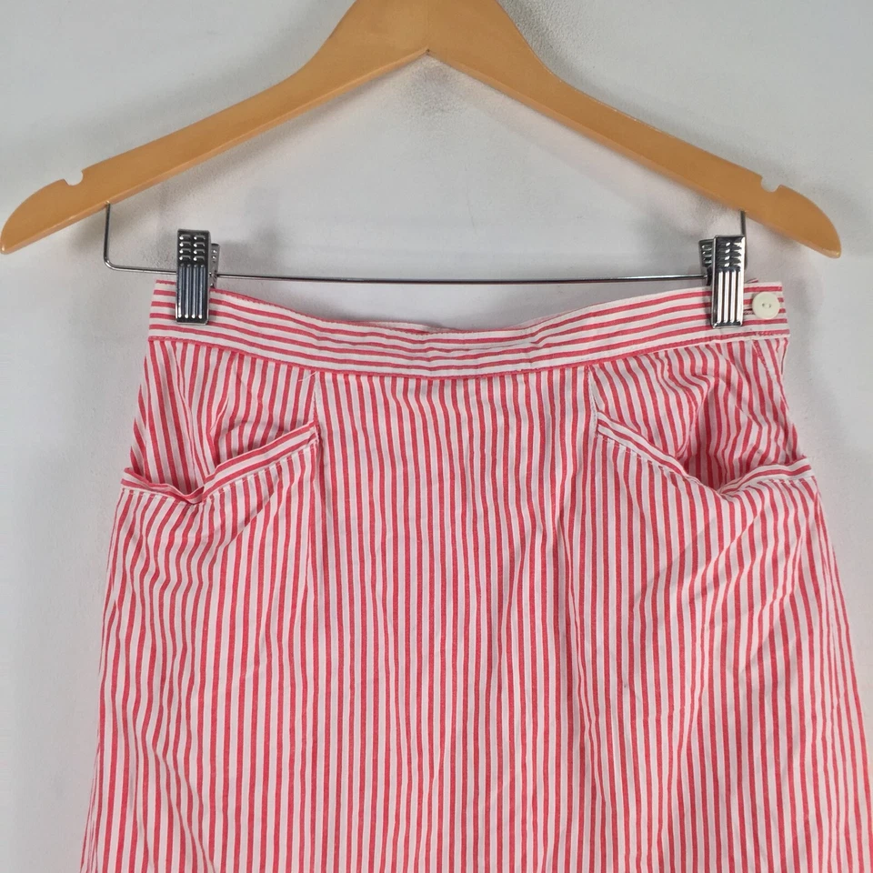 ВИНТАЖНЫЙ Benetton женщин юбка размер 6 карандаш midi белый красный в полоску хлопок 088868 - Изображение 2 из 4