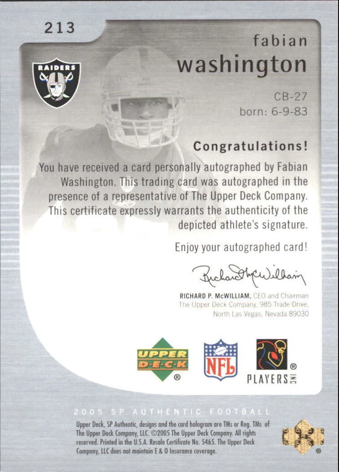 A2829- 2005 SP Authentic #213 Fabian Washington RC Auto /850 - Image 2 of 2