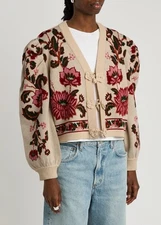 NWOT FARM Rio Ravenala Floral-Intarsia Wool Blend Knit Cardigan in Cream Sz XXS