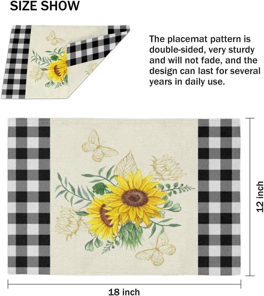 Placemats Set of 4 Black Buffalo Plaid Sunflower Summer 12''X18'', Yellow  - Image 4 of 4