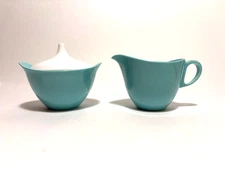 Vintage OD Oneida Deluxe MELAMINE Plastic CREAMER & SUGAR Bowl Set Blue White