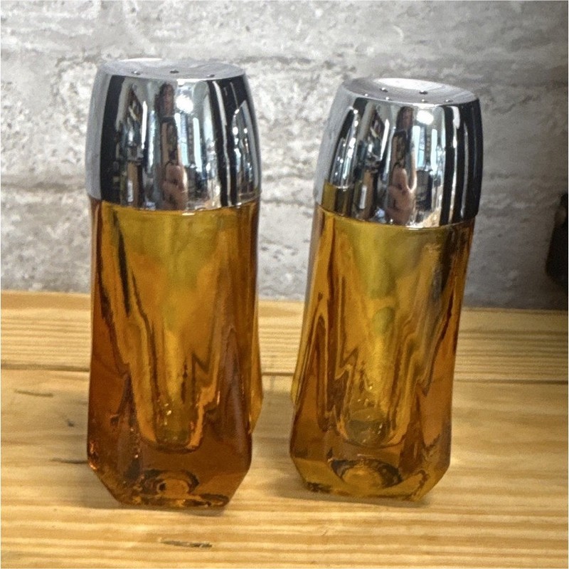 Amber Glass Salt & Pepper Shakers Set, Refillable, Silver Metal Tops, 2pc