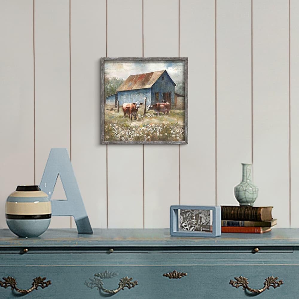 Countryside Cow Wooden Wall Art: Farmhouse Barn Framed Artwork Green Rustic P...