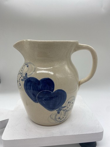 Ellis Prod Pottery Marshall Texas Pitcher Blue With Hearts Vintage - Picture 2 of 11