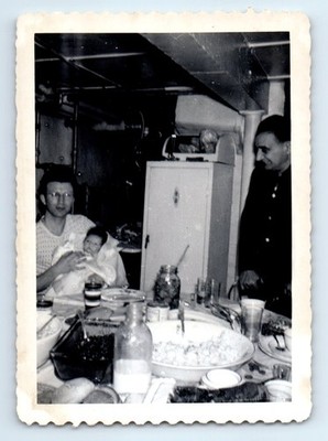 Old Vintage Photo MEN AND BABY AT KITCHEN TABLE MILK BOTTLE REFRIGERATOR