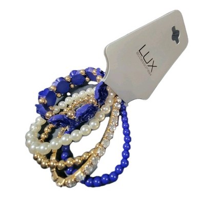 Lux Accessories Bracelet Set NWT Blue Roses Pearl Gold Rhinestone Beaded Stretch