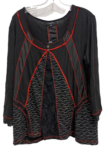Kaktus BOHO Tunic Top Womens Large Black Red Lace Wearable Art Lagenlook NWT