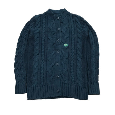 LL Bean Strickjacke Damen XS blau Zopfmuster Baumwolle Knopfleiste Pullover Stehkragen