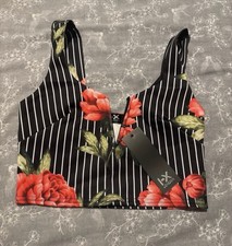 LX London Uk Size 6 Cropped Strappy Top Black With Red Flower Detail