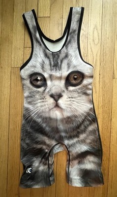 Blue Chip Gray Cat Print Wrestling Singlet Suit Size S