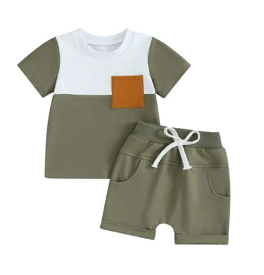 Baby Boy E Clothes Set Short Sleeve Pocket Contrast Color T-Shirt Waist Shorts