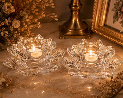 Paar Scheinwerfer Lotusblume PartyLite 2013 Glasguss transparent Kerzenhalter