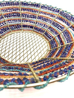 Handmade Bead Wire Basket Colorful With Metal Handles Multi Color Hippie Boho