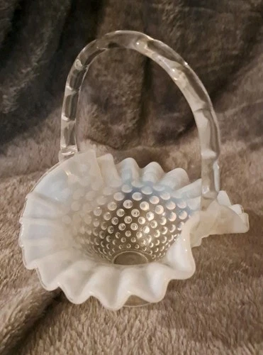 Fenton French White Opalescent Glass Hobnail Basket 5 3/4" Tall
