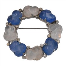 VINTAGE DESIGNER TRIFARI JELLY BELLY BLUE WHITE ACORN FLORAL CZ BROOCH SIGNED