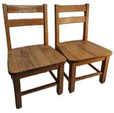 Vintage Solid Oak Wood School Chair Child Size Saddle Seat Classroom Set of 2