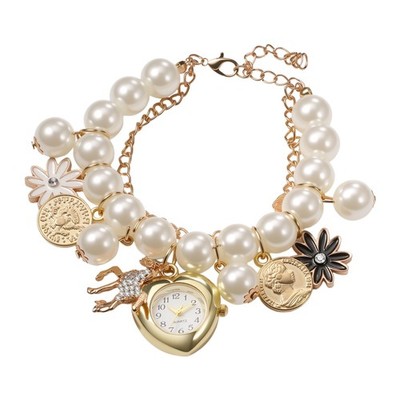 Women Elegant Enamel Faux Pearl Flower Horse Beaded Band Bracelet Wrist Watch