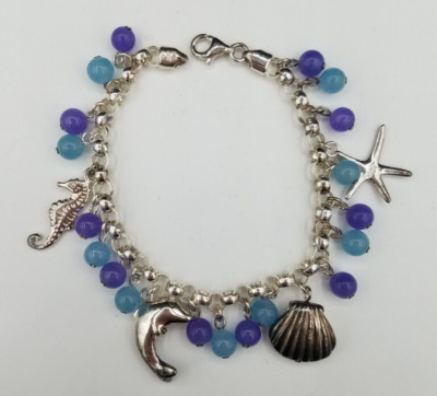 Sea Life Themed Charm Bracelet with Lavendar and Blue Beads in Sterling Silver