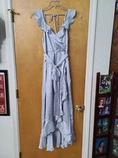 Show Me Your Mumu Samantha Ruffle Wrap Dress, Silver Luxe Satin, Small, NEW
