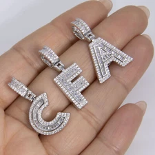 1 1/4" Shiny Baguette Block Letters Initial Pendant Yellow White Sterling Silver