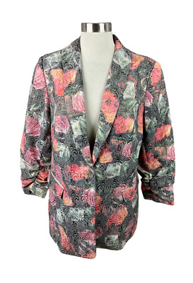 Logo Lavish Lori Goldstein NEW M Pink Green Floral Metallic Brocade Jacket Ruche
