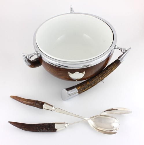 Antique English Oak, Deer Horn & Silver Plate Salad Trophy Bowl. Fruit Nut c1900 - Picture 8 of 14