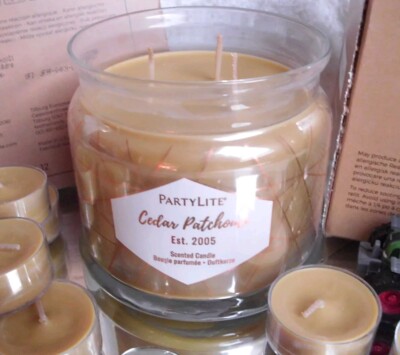 PartyLite CEDAR & PATCHOULI 3 Docht Duftwachsglas + 12 Teelichter OVP G73438 