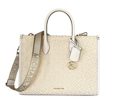 MICHAEL KORS MIRELLA MD TOTE SATCHEL SHOULDER BAG GRAPHIC LOGO MK GLITTER CREAM