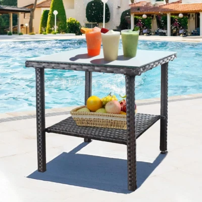 Outdoor Side Table, Patio Rattan Coffee Table with Glass Top, Gray Balcony table - Image 1 of 4
