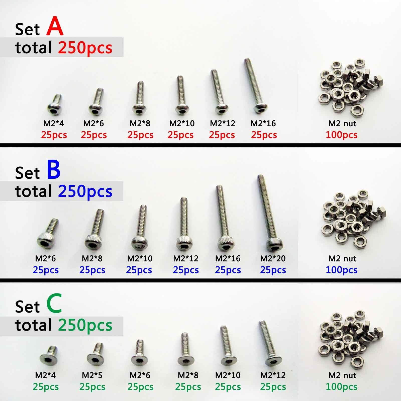 250pc Assortment Kit Set 304 Stainless Steel Hex Socket Screw Bolt Nut M2 4-20mm