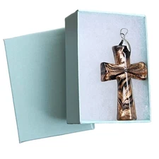 18K White Gold Filled Pendant Art Glass Cross Large Brown Gold Copper Specks VTG