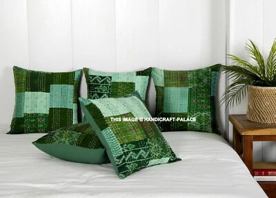 Verde Seda Patchwork Kantha Trabajo Fundas Cojín Handmade 40.6x40.6cm Indio Tiro - Imagen 1 de 4