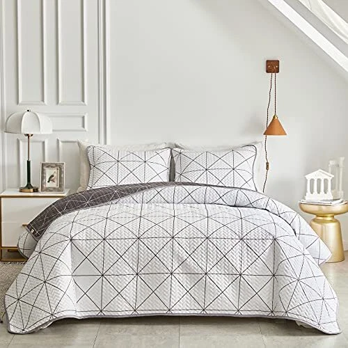 Двусторонний набор лоскутных одеял из 3 предметов в клетку белый и серый полуторный размер 88x88 мягкий Mi... - Изображение 3 из 4